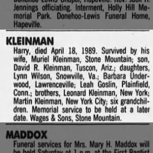 Harry Kleinman newspaper obituary 