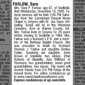 Obituary for Sara P. FARLOW